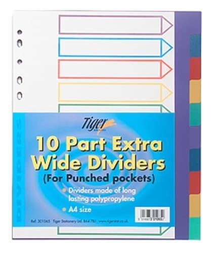 Image of Tiger A4 10 part extra wide dividers for punched pockets x 1 set/pack