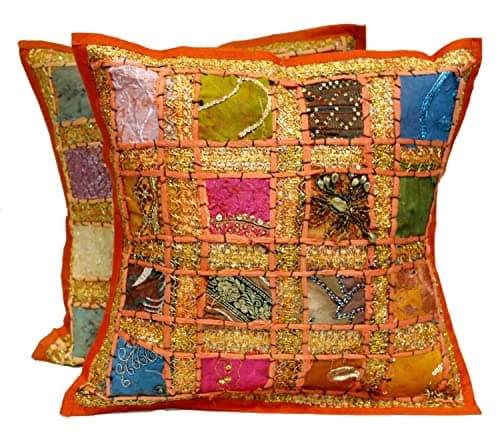 Image of PUSHPACRAFTS Set of 2 Indian Vintage Home Decor Cotton Square Orange Cushion Shell Cover With Embroidery & Patchwork 41 X 41 Cm