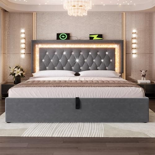 Image of MYBOO 4ft6 Double Bed Frame with Hydraulic Storage, Adjustable Diamond Tufted Headboard with LED Lighting&USB Charging, Velvet Functional Upholstered Ottoman Storage Bed with Slat, No Mattress, Grey