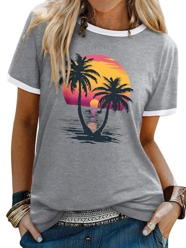 Image of WIEIYM Women T Shirts Tree Sunset Sea Graphic Print Summer Ladies Tshirt Holiday Beach Hawaiian T Shirt Unisex Crew Neck Short Sleeve Tops Grey