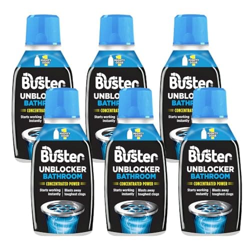 Image of Buster Bathroom Drain Unblocker (Pack of 6 x 300ml) Fast-Acting Sink Unblocker Dissolves Hair, Sludge and Soap, Drain Cleaner Clears Blockages in Shower, Bath and Bathroom Sink Pipes - Made in UK