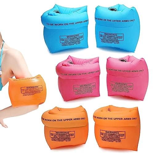 Image of TSHAOUN 3 Pairs Inflatable Swimming Armbands for Kids Adults, Swimming Arm Bands Inflatable Arm Bands Float Roll up Sleeves Swimming Ring, Learning Swim Training Aids, 3 Colors(Orange,Blue,Pink)