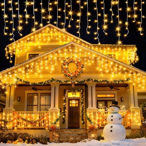 Image of Outdoor Christmas Lights, 400LED 10M Icicle Lights Outdoor Waterproof, Mains Powered Fairy Lights Plug In with 8 Modes & Timer, Warm White String Light for Outside Gutter House Roof Xmas Decorations