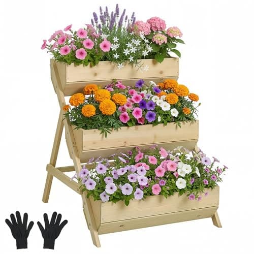 Image of Warmiehomy 3 Tier Wooden Planter with Gloves, Elevated Raised Garden Bed with Drainage Holes, Outdoor Vertical Planter Box for Vegetables, Flowers, Herbs, 65 x 75 x 76 cm, Green