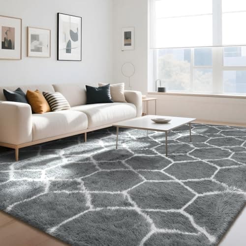 Image of Untimaty Geometric Rugs Living Room - 160x230cm Extra Large Grey White Rug, Ultra Soft Fluffy Shaggy Rug for living room, Washable Anti Slip Area Rug Carpet for bedroom Kid Baby Room Dorm Lounge Decor