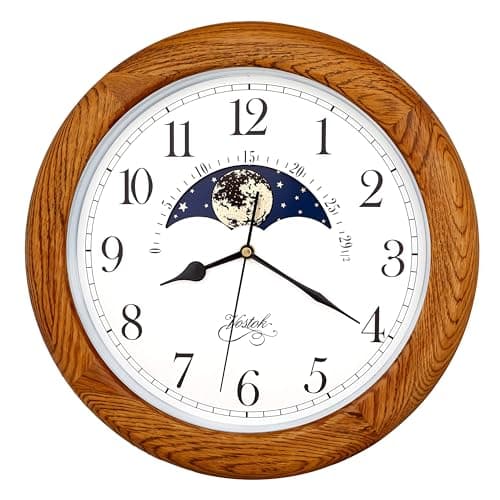 Image of JUSTIME 14 Inch Exclusive Solid OAK Wood Non-ticking Sweep Mechanical Specialty Moon Phase Moving Dial Wall Clock, Gift, Home Décor (TCWS712-MD-OAK)