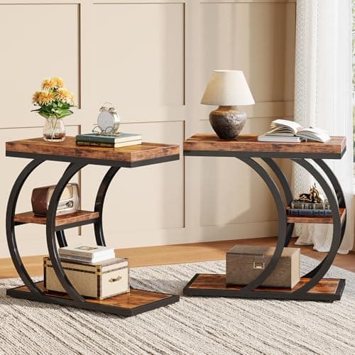 Image of Tribesigns C-Shaped Side Table, 3-Tier Narrow Wood Bedside Table, Small Coffee Sofa Table with Storage for Living Room, Industrial Nightstand (2)