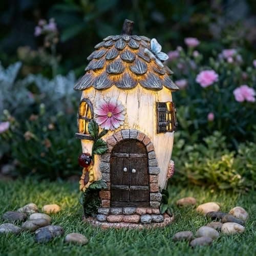 Image of Solar Fairy House Garden Ornament Outdoor – Fairy Garden Ornament with LED Light, Hand Painted Resin Fairy House, Waterproof Solar Garden Ornament, Garden Decor Gift for Mum