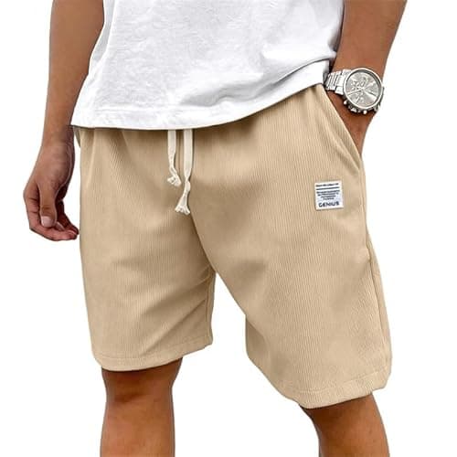 Image of Hello MrLin Mens Corduroy Shorts Summer Casual Drawstring Shorts for Men UK Fashion Elastic Waist Baggy Mens Shorts with Pockets Khaki