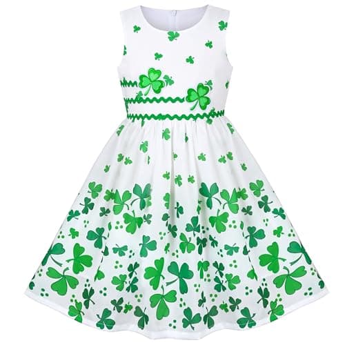 Image of Sunny Fashion Girls Dress Green Clover Printed St Patrick Festival Sundress Sleeveless Age 7-8 Years