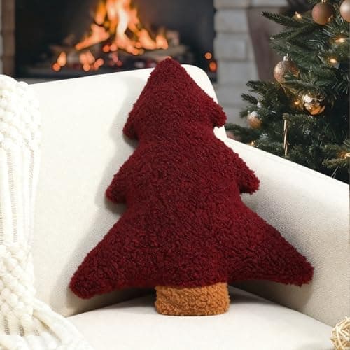 Image of Miaikoe Christmas Pillows, Decorative Christmas Tree Cushion Stuffed Tree Shaped Plush Pillow for Holiday Party Sofa Living Room Decoration (39.3 x 37 cm, Red)