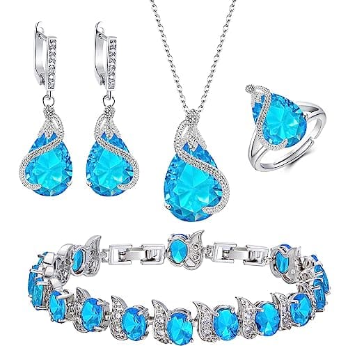 Image of Ever Faith Women's Jewelry Set Sky Blue Jewellery Sparkly Cubic Zirconia Birthstone Teardrop Necklace Earring Bracelet Ring Sets for Women Birthday Gifts 4 PCS Silver-Tone