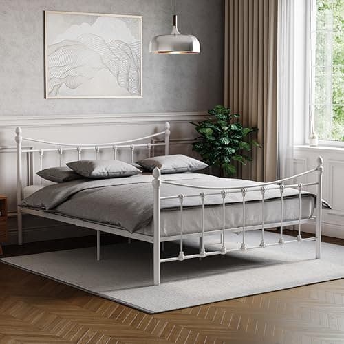 Image of Vida Designs Paris King Size Bed, 5ft Bed Frame Metal Headboard High Foot End Bedroom Furniture, White