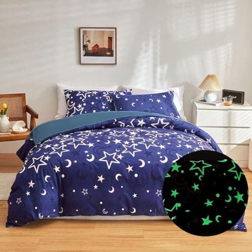 Image of Loussiesd Galaxy Glow in The Dark Bedding Set for Girls Kids Color Blue Universe Starry Night Duvet Cover Super Soft Glow 135x200cm Bed Outer Space Stars Moon Comforter Cover Set Girl Bedroom