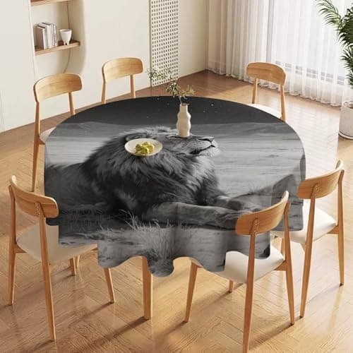 Image of FZMVSQH Wild Animal Lion and Moon 60 Inch Round Tablecloth for 20-48 Inch Tables Wrinkle Free Table Cloths Polyester Fabric Washable Dining Table Cover for Wedding Birthday Party Buffet Banquet Decor
