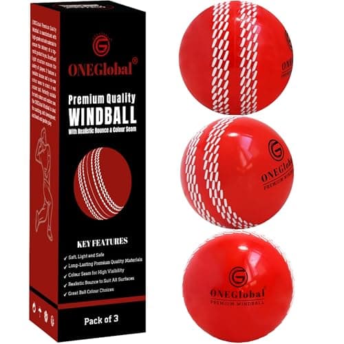 Image of ONEGlobal Premium Windball Soft Cricket Ball | Durable & Safe, Colour Seam, True Bounce & Swing | Wind Ball for Outdoor & Indoor Practice, Coaching, Garden & Beach Games (3-Red)