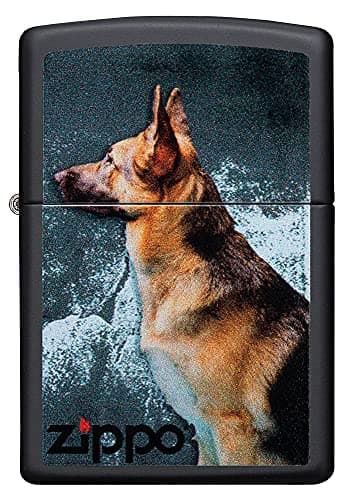 Image of Zippo Windproof Lighter - German Shepherd Model - Black Matte Finish, Colour Image - Refillable - Reusable - Windproof Design - Gift Box - Metal - Made in USA