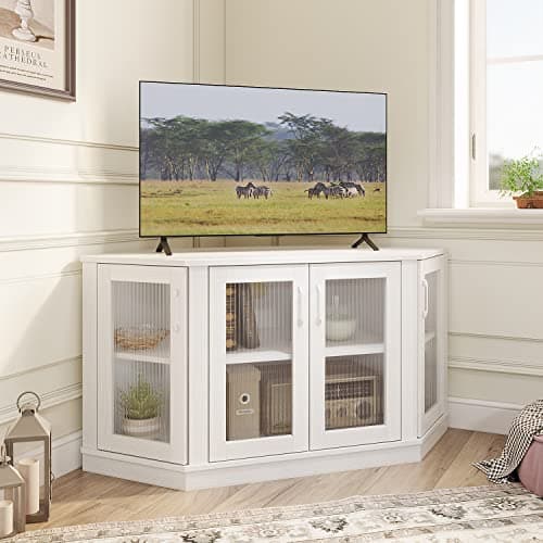 Image of Panana Modern Corner TV Unit Stand Cabinet with 4 Doors and Shelves, Entertainment Center Media Console for Living Room Bedroom (White)