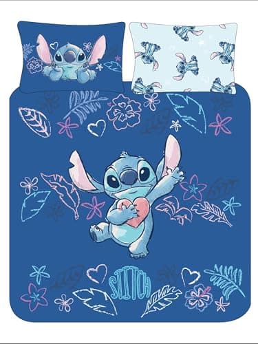 Image of Disney Stitch Double Duvet Cover Set With Pillowcase – Girls Reversible Blue Polycotton Bedding – Official Lilo & Stitch Design – Easy Care, Machine Washable (Double)