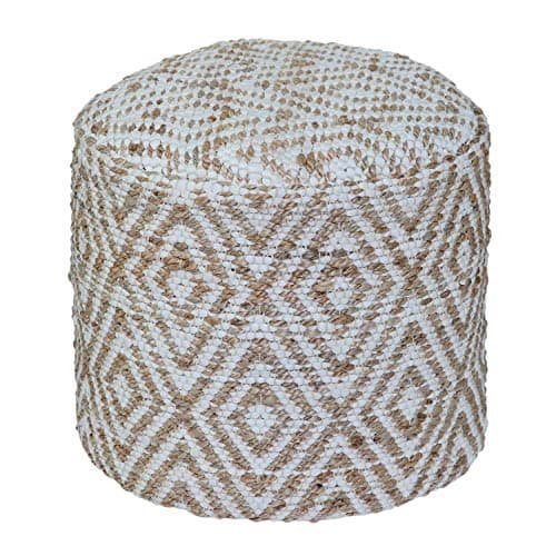 Image of HOMESCAPES Geometric Diamond Patterned Round Bean Filled Pouffe 'Sierra' Handwoven Natural Hemp Chindi Footstool, 45 cm Round