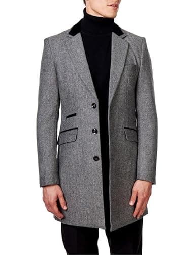 Image of Xposed Menâ€™s Herringbone Long Overcoat Classic Wool Blend Tailored Fit 3/4 Mid Length Coat Jacket [COAT-COSMO-LIGHT-GREY-44UK]