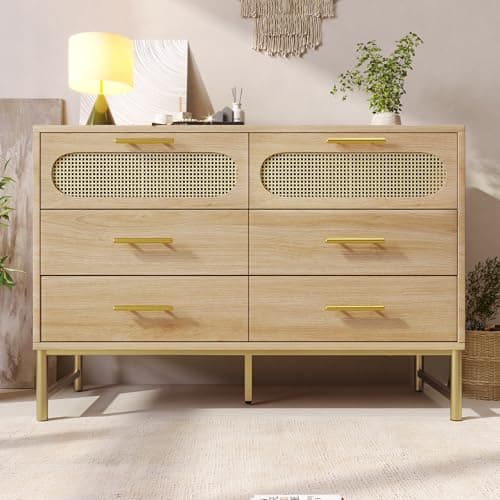 Image of BTM Rattan Drawer Chest of Drawers, with Metal Handles, 6 Chest of Drawers Bedroom, Anti-Tip Rattan Sideboard, 120x40x74cm, Oak