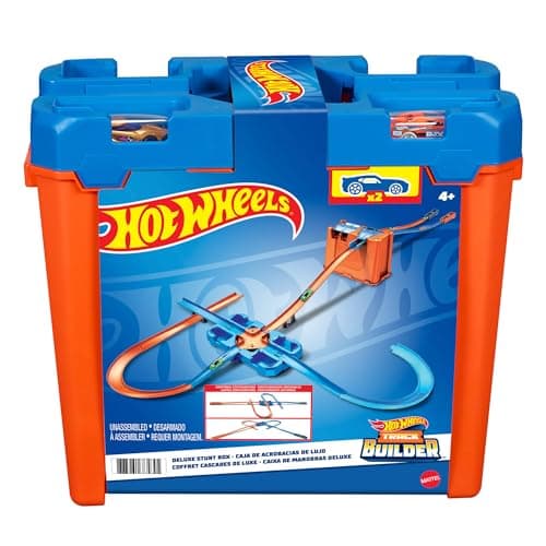 Image of Hot Wheels Track Builder Deluxe Stunt Box, Over 5 metres Track Builder System, Head-to-Head Stunt Tracks with Dual Launchers, Includes 2 Toy Cars, Toys for Ages 6 Years and Up, One Pack, ‎GGP93