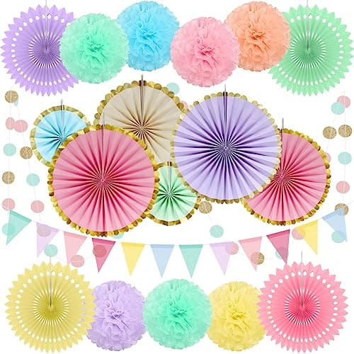 Image of Reusble Pastel Rainbow Party Decorations for Birthday Parties, Weddding Decor 19pcs Hanging Paper Fans, Pom Poms Flowers, Garlands String Polka Dot and Triangle Bunting Flags by Wonsta