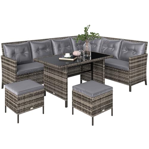 Image of Outsunny 6 Pieces Rattan Garden Furniture Set, 8-Seater Garden Corner Sofa Set with 3 Loveseats, Glass Top Table, Footstools, Outdoor Conservatory Furniture with Cushions for Patio, Grey