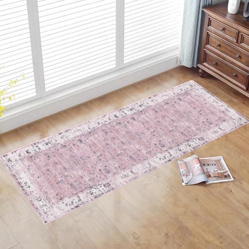 Image of CXTAI Vintage Boho 60x180cm (2x6ft) Long Carpet Runners for Hallways Kitchen Laundry Entryway Non-Slip Machine Washable - Pink Style