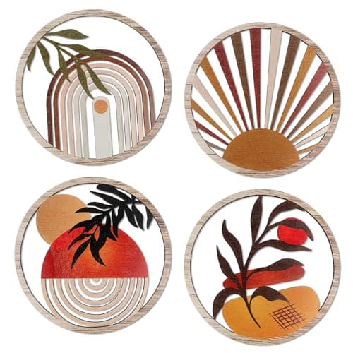 Image of YiYa 4 Pieces Boho Wooden Wall Art Deco Bohemian Botanical Hanging Wooden Sign Minimalist Hanging Art Wall Decor for Farmhouse Bedroom Living Room Office (Round)