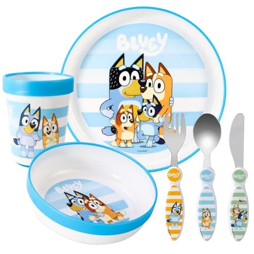 Image of Kids 6 Piece Reusable Dinner Set - Plate/Bowl/Cup/Knife/Fork/Spoon - Childrens Dinnerware Tableware Cutlery Set (Bluey)