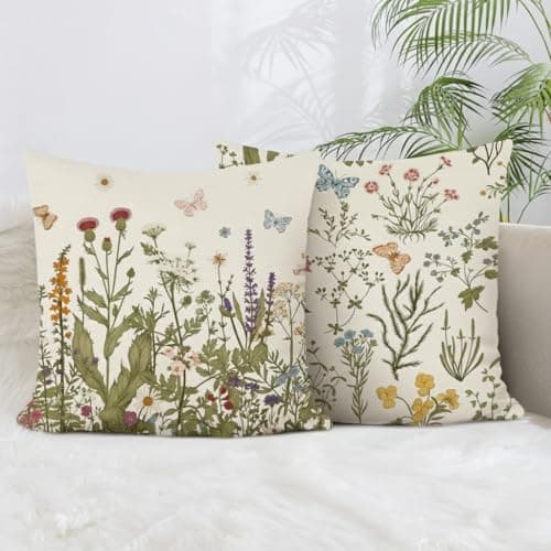 Image of BREASOME Cushion Covers 45 x 45 cm Set of 2 Botanical Floral Cushion Covers Linen Decorative Square Throw Pillow Cases for Sofa Couch Bedroom Living Room