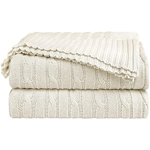 Image of sourcing map Soft 100% Cotton Knitted Throw Blanket for Sofa and Couch, Lightweight Cable Knit Blanket, Home Decorative Blanket, Beige, 50" x 60"