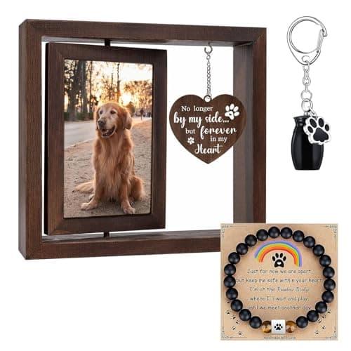 Image of 3Pcs Dog Memorial Photo Frame, Rotating Wooden Pet Memorial Picture Frames with Rainbow Bridge Bracelet Pet Ashes Keepsake Keychain, Dog Memorial Gifts in Loving Memory Remembrance Gifts of Pets