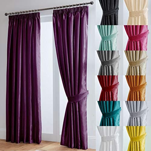 Image of John Aird Luxury Faux Silk Fully Lined Pencil Pleat Curtains With Matching Tie Backs (Aubergine, 117cm Width x 137cm Drop (46"x 54")