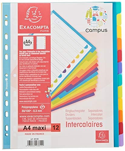 Image of Exacompta - Ref 3812E - Campus PP Dividers - Suitable for A4+ Documents, 12 Tabbed Parts, 0.3mm Rigid Polypropylene, Pre-Punched for Folders - Multi-coloured