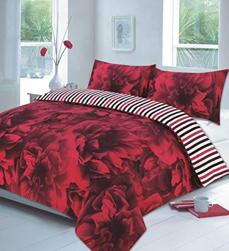 Image of HOMES-LINEN Rose Floral Reversible Stripes Duvet Cover Set Easy Care Printed Bedding Set (Red, Double)