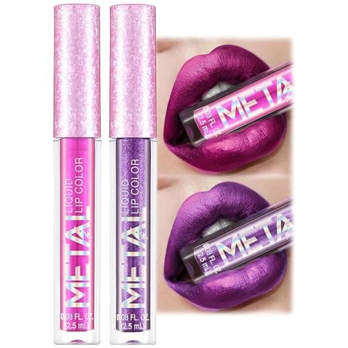 Image of "Metallic Light Lipstick Set - Sexy Purple & Seductive Pink, Long Lasting & Waterproof, Non-Stick Cup, Glitter Finish - Makeup For Women