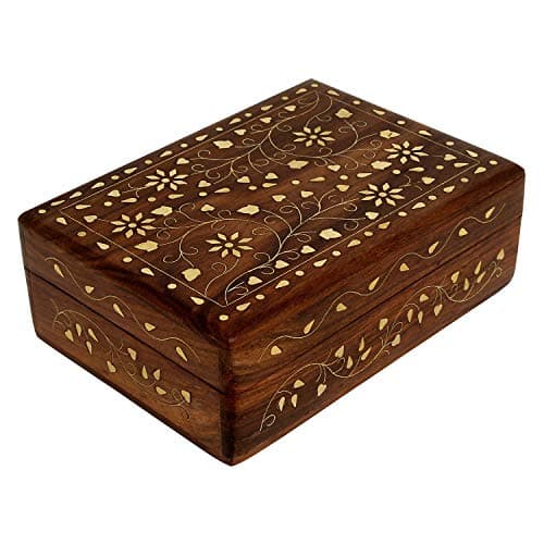Image of Ajuny Hand Carved Wooden Decorative Jewelry Storage Box with Floral Carvings Design Brass Inlay Keepsake Travel Treasure Chest Trinket Holder Organiser Great Gifts