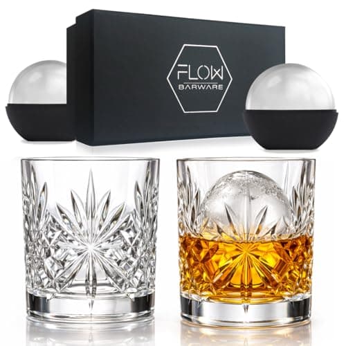 Image of FLOW Barware Classic Whiskey Glasses Set of 2 | Whisky Glasses Gift Set with Ice Ball Moulds | Heavy Tumbler Whiskey Glass for Scotch, Bourbon, Rum, Gin & Tonic, Negroni Cocktails