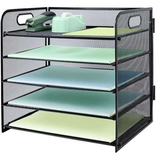 Image of IOUGDSEC Paper Letter Tray with Handle, 5 Tier Metal Mesh Desk File Organizer, A4 Paper Desktop Filing Trays, Desk Tidy Magazine Document Holder for Home Office, Black