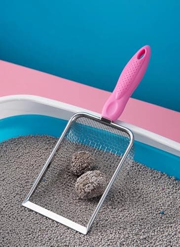 Image of PlushPlumage Cat Litter Scoop,Stainless Steel Mesh Scooper,Durable,Heavy Duty,Easy to Clean,for Litter Box,Pet Litter Cleaning Tool for Cat Dog Rabbit (Pink, Hole:3.8mm)