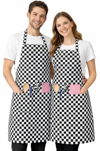 Image of IBEX Unisex Butcher Check Bib Apron with Pocket for Men & Women - Professional Poly Cotton Kitchen Apron for Chefs, Restaurants, Bar Staff, Waiters, Catering & Home Cooking, Black Check