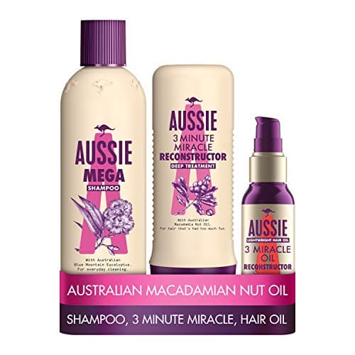 Image of Aussie Mega Shampoo and Conditioner Set with Clarifying Shampoo, 3 Minute Miracle Deep Conditioner and Hair Oil, for Damaged Hair, with Australian Blue Mountain Eucalyptus Extract, Cruelty-free