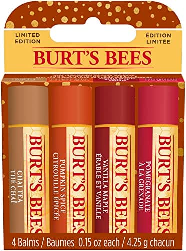 Image of Burt’s Bees Lip Balm Gift Set, Chai Tea, Pumpkin Spice, Vanilla Maple, Pomegranate, Lip Balm Multipack, 4x4.25g, Packaging May Vary