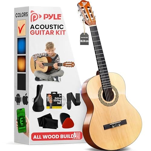 Image of Pyle Acoustic Guitar 1/2 Size Beginner Kit – Classical Spanish Nylon String Acoustic for Kids & Youth, 34 in (86 cm) Junior Instrument with Gig Bag, Strap, Picks & Spare Strings, Natural Gloss