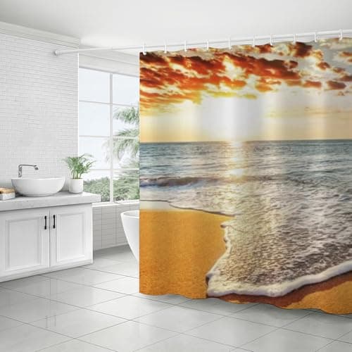 Image of FAIRYGATE Waterproof Shower Curtain Ocean Beach Shower Curtains Sunset Tropical Palm Tree Coastal Sunrise Hawaii Seaside Scenic Landscape Nature Scenery Fabric Bath Curtain with Hook B8806