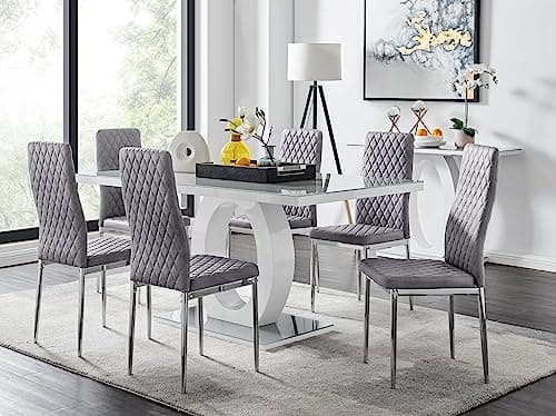 Image of Furniturebox UK Giovani 6 Grey Dining Table & 6 Grey Velvet Milan Chairs – Modern High Gloss Dining Set with Tempered Glass Top – Stylish Contemporary Dining Room Furniture
