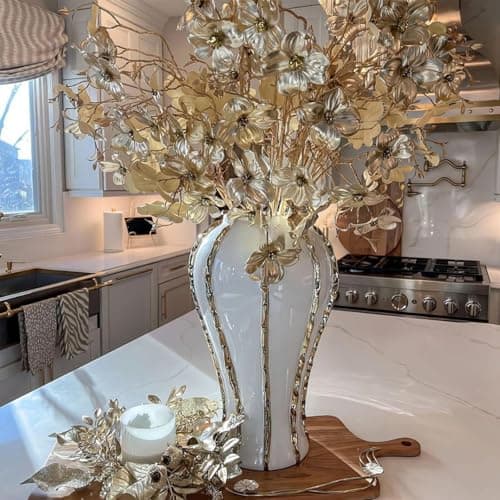 Image of Large Ceramic Ginger Jar, White and Gold Decorative Vase with Lid, European Style Flower Vase for Weddings, Home and Office(Gold,16x16x30cm)